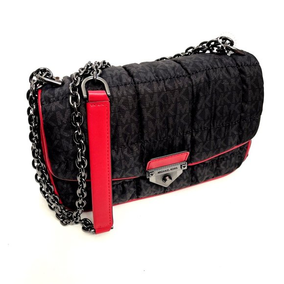 NWT Michael Kors SOHO Quilted Nylon Shoulder Bag Crossbody Black Red Trim $400 - Picture 5 of 13